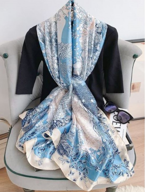 Premium Silk Feeling Light Blue Floral Scarf